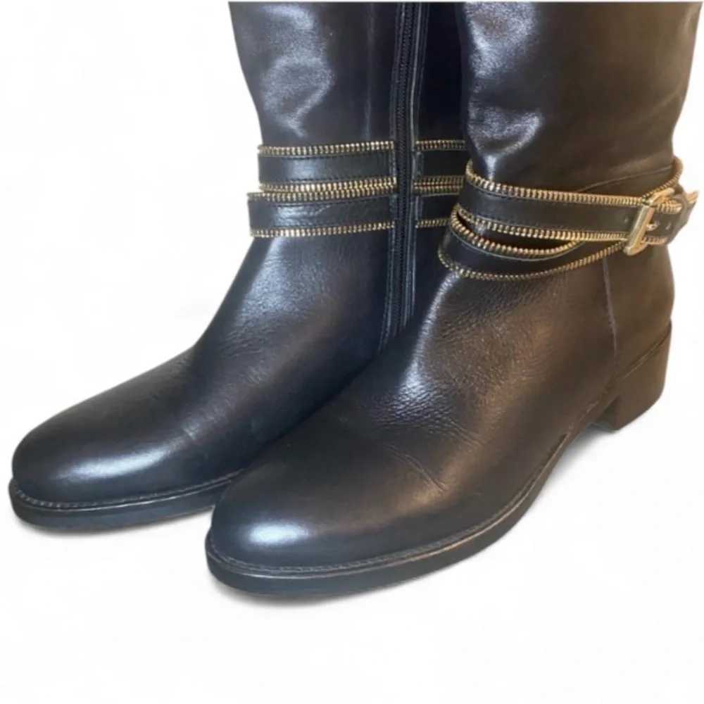 NWOB Heyraud Knee High Black Leather Boots With Gold Hardware - Size 40